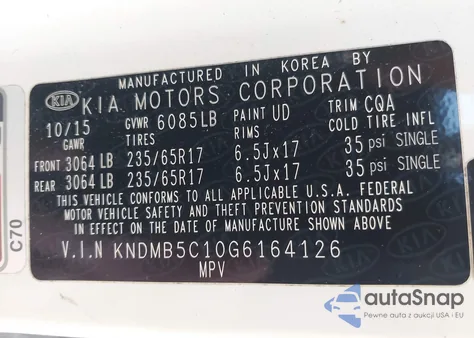 2016 Kia Sedona Lx z USA, uszkodzony, nr VIN KNDMB5C10G6164126